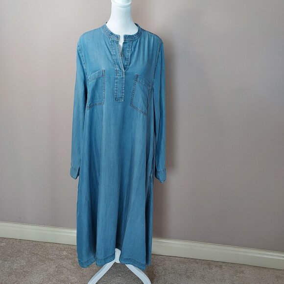 Caslon Dresses & Skirts - CASLON Chambray Popover Long Sleeve Split Neck Midi Shirtdress Size Large NWOT